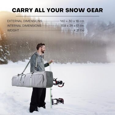 Чохол для сноуборду з повним захистом, водонепроникний, 160 см, міцний поліестер 900D, для сноуборду, лиж, палиць, шолома, взуття. Підходить для перевезення літаком.