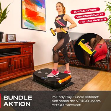 Платформа для вібрацій Sportstech 4D VP400 з LED, тренувальні стрічки та мотузки, для дому, до 120 кг, чорний