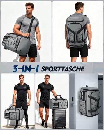 Спортивна сумка RAINSMORE 45L 3-в-1 для фітнесу та подорожей, водонепроникна дорожня сумка з відділенням для взуття та мокрих речей (Сіра)