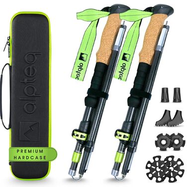 Складні трекінгові палиці для походів та Nordic Walking: карбон/алюміній, ручка з корку, 115-135 см, салатовий