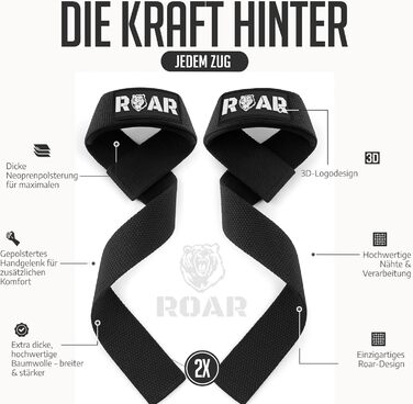 Роар® ремені для підйому штанги (м'які) для силових тренувань, бодібілдингу, фітнесу - ремені для тяги - підйомні ремені - для жінок та чоловіків (Чорний)