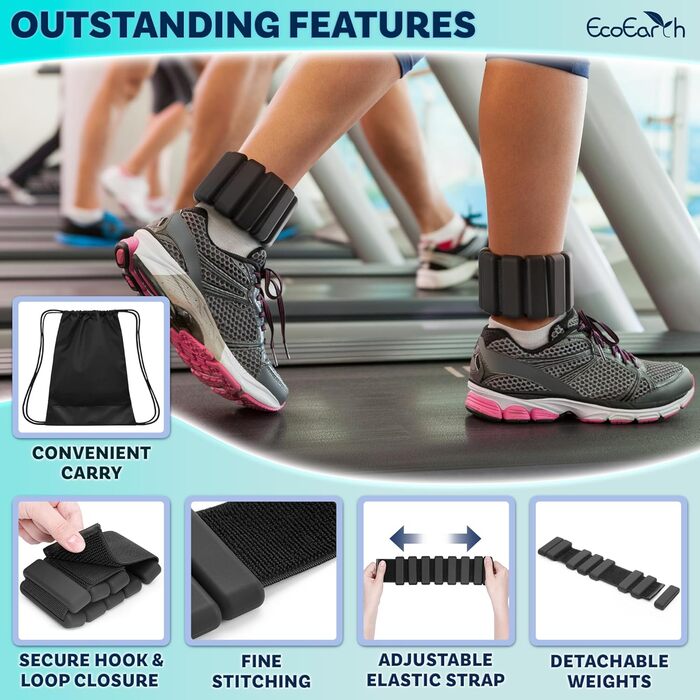 Набір вагів для зап'ястя та кісточки EcoEarth (2 шт., 450 г) - регульовані фітнес-стрічки, чорний колір