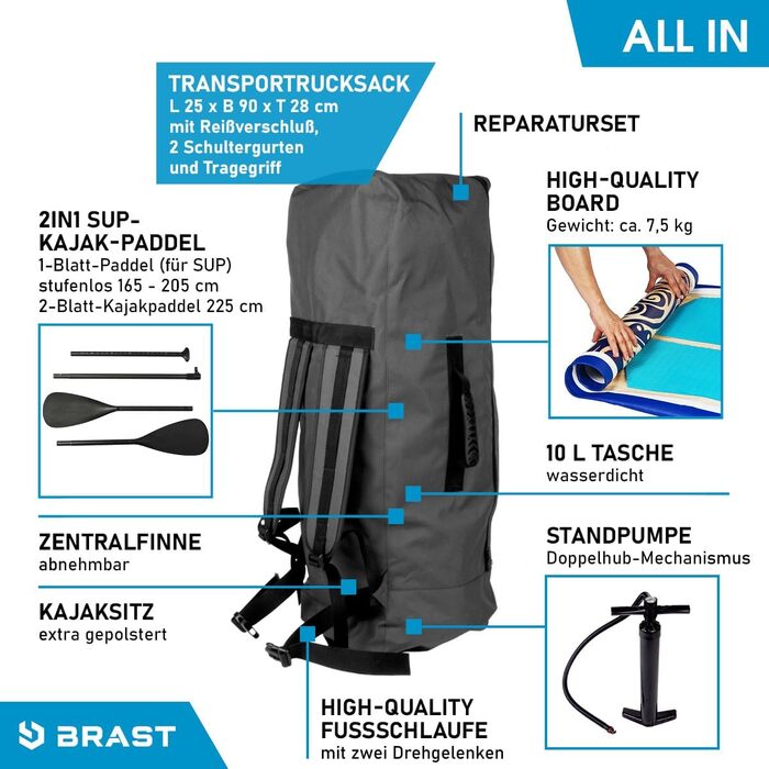 Надувний SUP-борд BRST Retro | Комплект для станд-ап паділбордингу | 320x81x15 см | 3 моделі | 5 років гарантії | з аксесуарами | 2в1: SUP та каяк | кріплення для Action Cam, петля для ніг, насос, рюкзак TURTLE