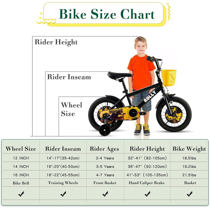 Дитяче велосипед RULLY Динозавр для хлопчиків 2-7 років, 12/14/16 дюймів, BMX, з підставкою