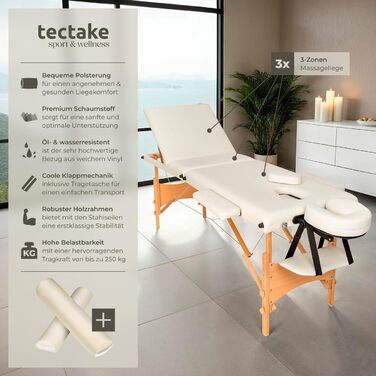 Масажний стіл tectake® 3-зонний, регульований за висотою, витримує до 250 кг, мобільна косметика-кушетка з дерев'яним каркасом, набором аксесуарів, роликами та сумкою для перенесення — бежевий