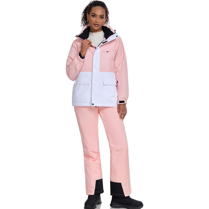 WOWULOVELY Жіночий зимовий костюм для катання на лижах, водовідштовхуючий, вітрозахисний, комплект куртки та штанів, ізольований сноубордний костюм, білий (XL, рожевий)