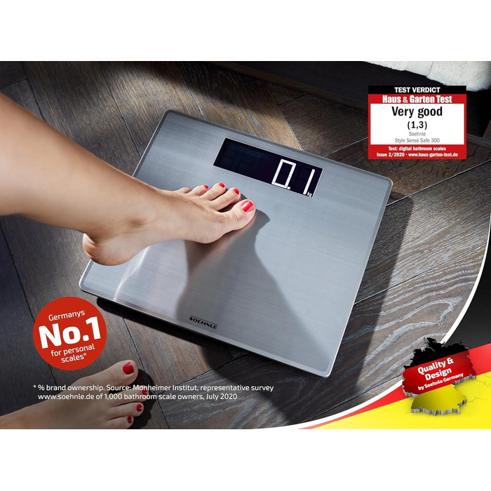 Ваги підлогові Soehnle Style Sense Safe 300, цифрові, нержавіюча сталь, до 300 кг, з великим LCD-дисплеєм