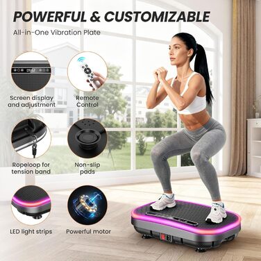 Платформа для вібраційного масажу для схуднення з еластичними стрічками, 9 режимів, 120 рівнів інтенсивності, Bluetooth, LED-дисплей, 150 кг, срібна