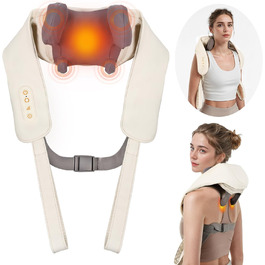 Масажер для шиї Arboleaf 6D - бездротовий масажер для шиї та плечей з 2 рівнями нагріву, 3 режимами, знімним чохлом та акумулятором на 90 хвилин для розслаблення та зняття стресу, Бежевий