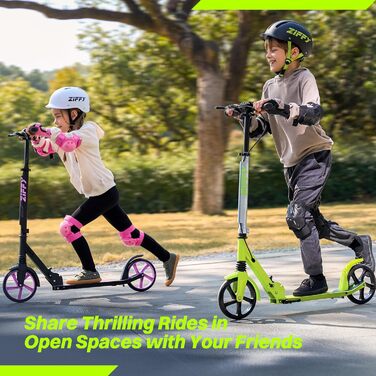 Тролелер ZIFFY для дітей та дорослих, 6-12 років, зелено-фіолетовий, діаметр коліс 200 мм, ABEC-9, амортизація, складаний алюмінієвий каркас, регульований кермо 79-106 см, ручне гальмо, вантажопідйомність 118 кг