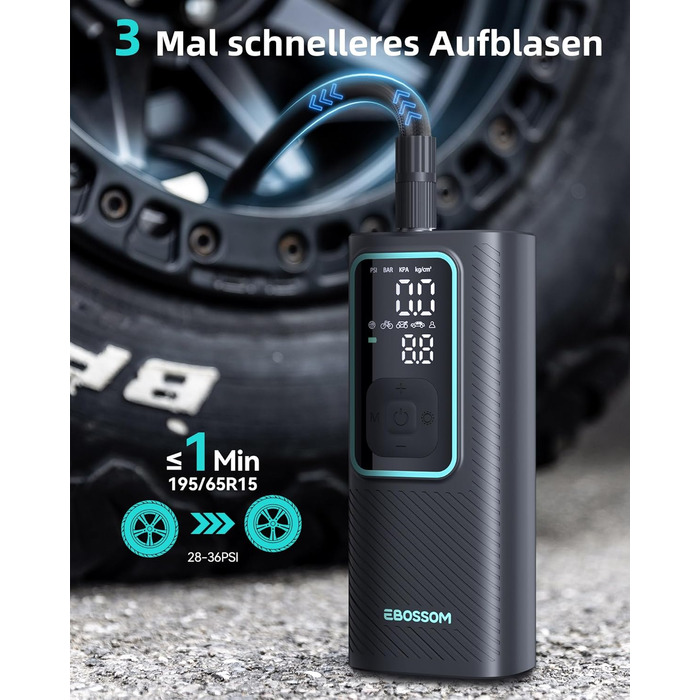 Електрична повітряна помпа 10.3 Bar з акумулятором, компресор Mini 6000mAh & 12V DC, портативна помпа для авто, мотоцикла, велосипеда з LED-підсвічуванням та автоматичним відключенням, блакитна I7