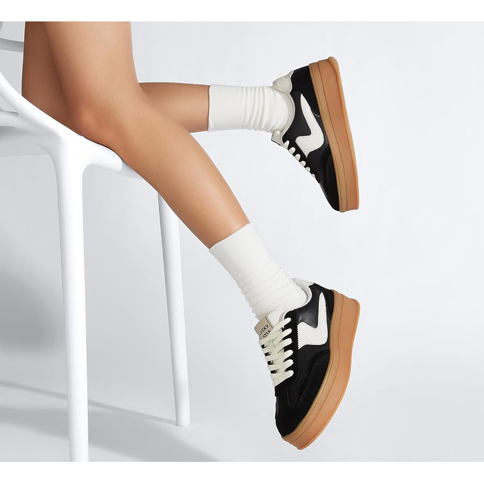 Жіночі кросівки на платформі LUCKY STEP – модні масивні кросівки, зручні шнурівки для повсякденного носіння та прогулянок з прошитими деталями, чорно-білі, 38 EU