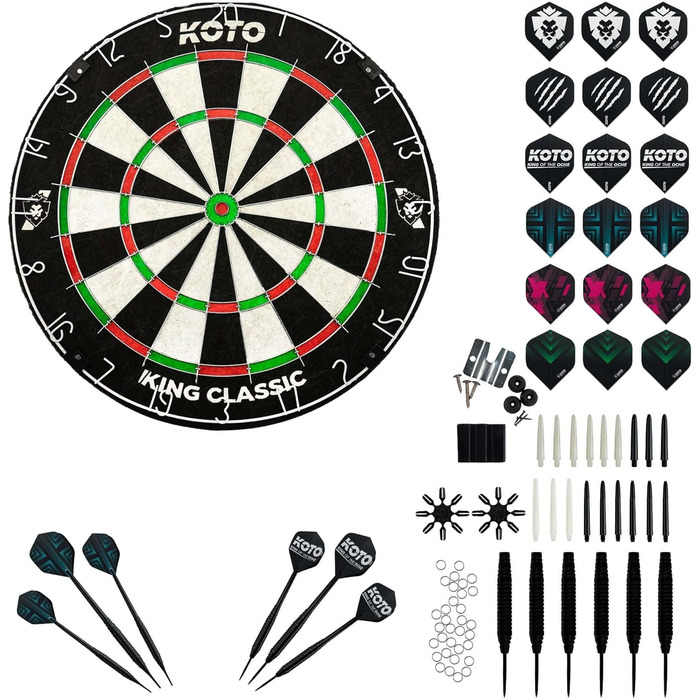 KOTO King Classic Academy Set – професійний набір для дартсу, високоякісна мішень, стартовий комплект, 2 повних сети дротиків (барель, стрижень, оперення)