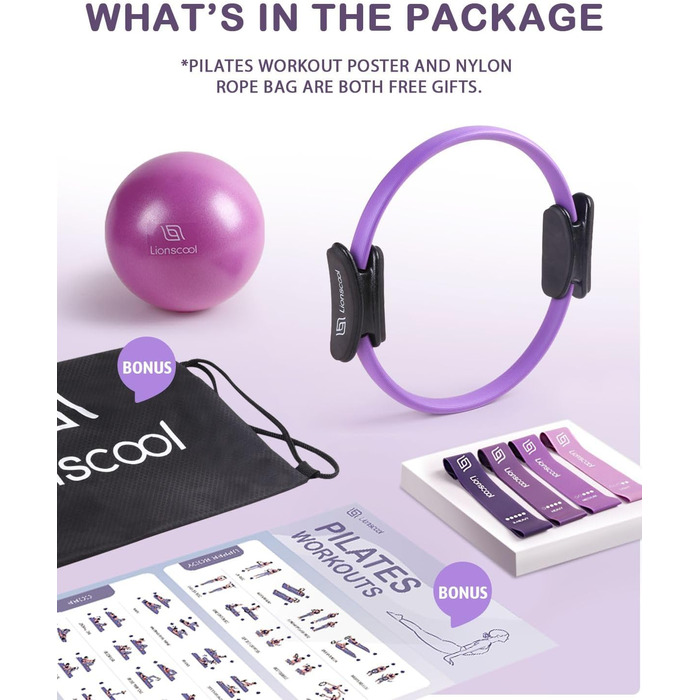 Набір для пілатесу LIONSCOOL Magic Circle з міні-м'ячем, стрічками та інструкцією – фіолетовий