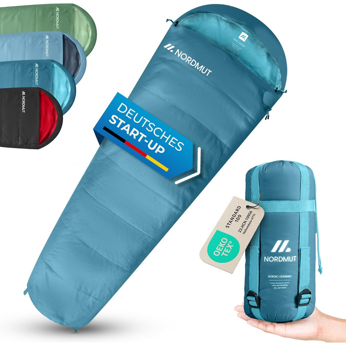 Сплячий мішок NORDMUT® для дорослих – компактний та ультралегкий (900/1500г) – на 3 сезони (250 GSM) & літній спальний мішок (100 GSM) – ковдриний спальник для кемпінгу, відпочинку на природі та фестивалів, сіро-блакитний