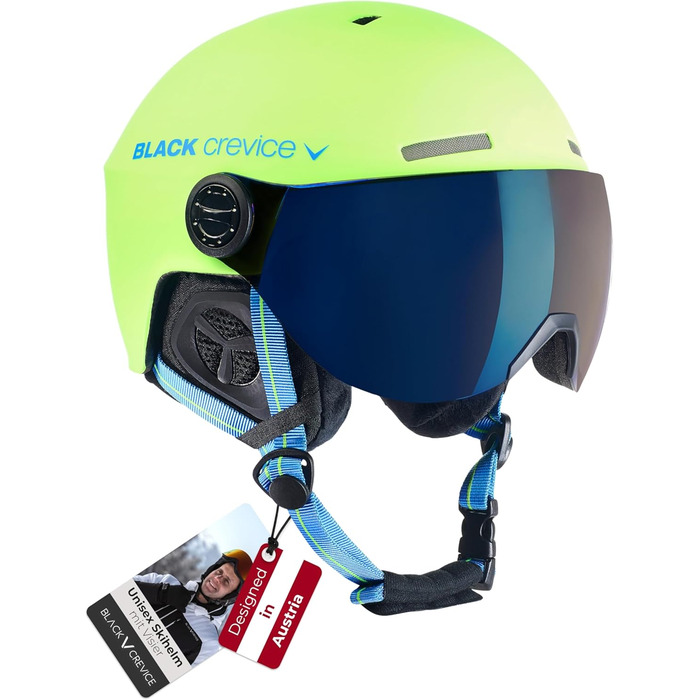 Шолом гірськолижний BLACK CREVICE Gstaad з візором (стиль пілота) | Полікарбонат, дихаючий, регульований 51-53 см | Lime-Blau/Blau