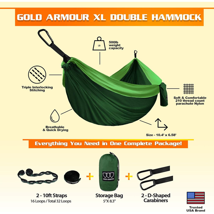 Гамак для кемпінгу Gold Armour - великий двомісний гамак з парашутної тканини (2 петлі, 29 кольорів/малюнків) для дорослих та дітей, зелений