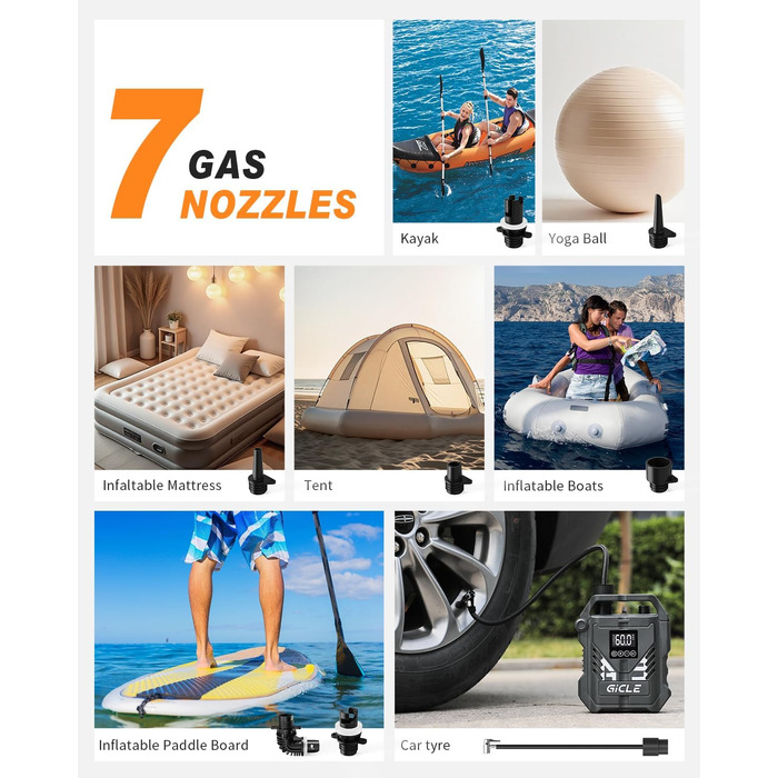 Насос для SUP GICLE 60PSI: електричний, двоступеневий, для падлбордів, шин, човнів, наметів (модель з покращеннями)