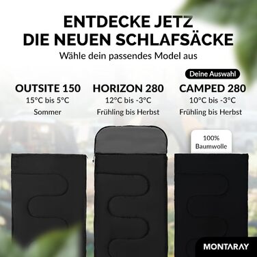 Спальний мішок туристичний, 100% бавовна, до -3°C з подушкою. Підходить для жінок та чоловіків. Розмір 75x190 см, 3-4 сезони, теплий, чорний.