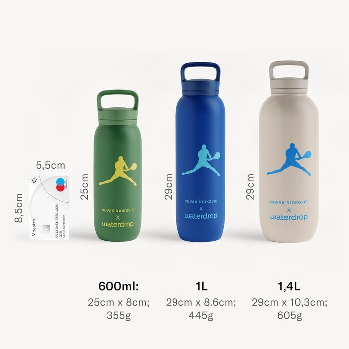 Термобутилка Waterdrop MICRODRINK x Novak Djokovic 1 л — ізольована питна пляшка з нержавіючої сталі, зберігає холод 24 години і тепло 12 годин, герметична та ударостійка