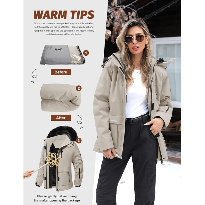 Водонепроникна зимова куртка Voqeen для жінок. Тепла флісова снігозахисна куртка для катання на лижах, вітронепроникна, дихаюча, з капюшоном. Розмір M, колір персиковий.