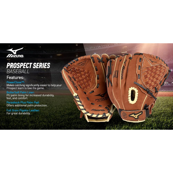 Рукавичка бейсбольна дитяча Mizuno Prospect PowerClose, правий кидок, 26.7 см, чорний | Tartan-Flex