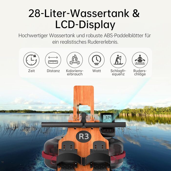 Складальний гребний тренажер R3 з дубового дерева, з Bluetooth LCD-дисплеєм, підтримкою Kinomap, баком для води 28л, ергономічним сидінням та тримачем для планшета, до 150 кг