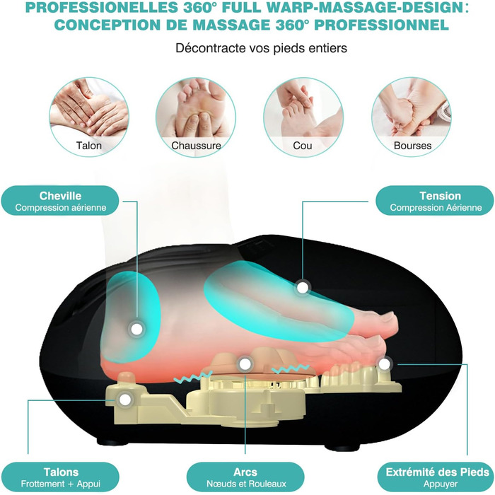 Електричний масажер для ніг KNQZE з підігрівом, Shiatsu масаж, для фасціїту та нейропатії, підходить для розміру взуття до 46, чорний