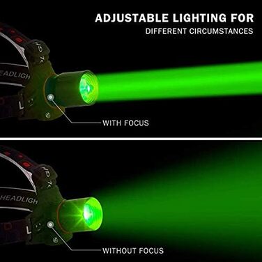 Ліхтар на лоб LED 1000 люмен, перезаряджається USB, зелений, для полювання, кемпінгу, риболовлі, 3 режими, регулювання фокусу