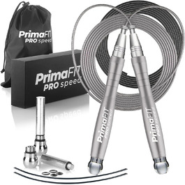 Скакалка PrimaFIT для дорослих 3м, професійна, регульована, з вагами, 2 підшипники, антиковзкі ручки, для боксу, MMA, кросфіту, сталевий трос, з сумкою, срібляста