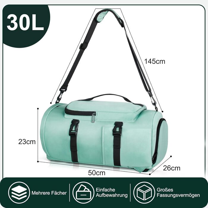Спортивна сумка для чоловіків та жінок, 30L. Рюкзак з відділенням для взуття та мокрих речей. Ідеально для плавання, спорту, йоги, футболу (зелена, 30L)