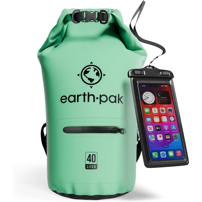 Earth Pak Dry Bag 40L – Водонепроникний рюкзак-мішок з водонепроникним відділенням для телефону, плечовим ременем. Ідеально для каякінгу, кемпінгу, риболовлі, катання на човні та рафтингу. Колір: Оливковий (Морський піногранування)