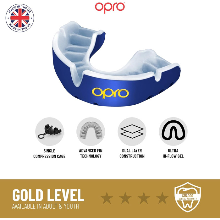 Охоронна капа OPRO Gold для дорослих і дітей, для боксу, MMA, хокею, лакросу та контактних видів спорту, біло-золота, розмір для дорослих (10+), підвищений комфорт