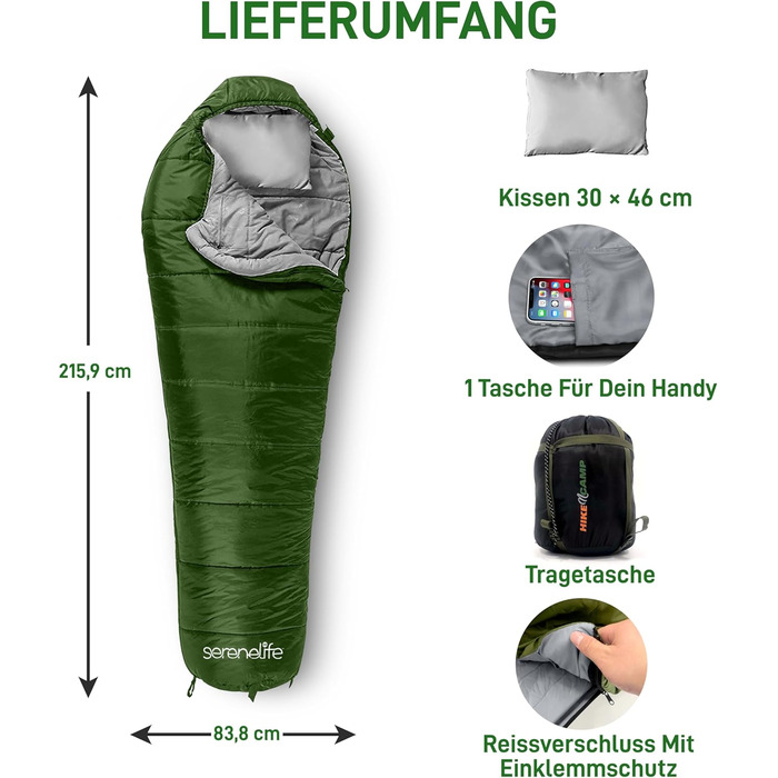 Сплячий мішок SereneLife для кемпінгу – теплий, водонепроникний, для зимового відпочинку, температура від -15°C до +12°C, з компресійним мішком та подушкою