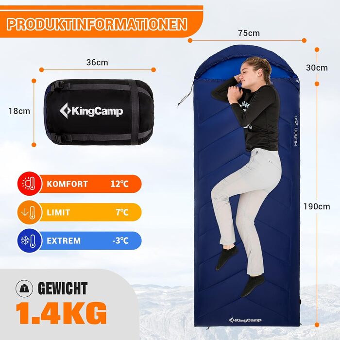 Сплячий мішок KingCamp Oasis для кемпінгу, 3-4 сезони, водовідштовхувальний, легкий, 220x75 см, для дітей та дорослих, можливість з'єднання, ідеальний для подорожей та активного відпочинку