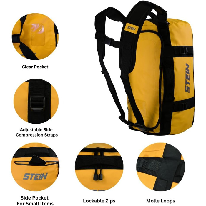 Водонепроникна сумка для подорожей та рюкзак STEIN Metro 90 л, ПВХ-тент, з компресійними ременями та м'якими плечовими ременями, жовтий