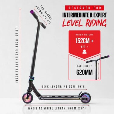 Трюковий самокат CORE Stunt-Scooter Trick 110мм, ABEC 9, для дітей та дорослих (від 5 років), регульована висота 78-96см + наклейка Fantic26 (Чорний/Райдуга)