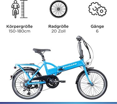 Електровелосипед ZÜNDAPP Z101, складаний, 20 дюймів, 6 швидкостей, для дорослих, з підсвіткою, міський, синій