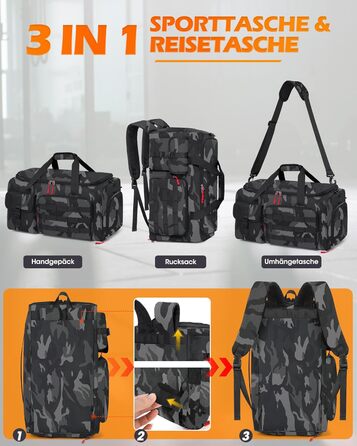 Спортивна сумка RAINSMORE 3-в-1 для чоловіків 45L: рюкзак, сумка для подорожей, фітнес-сумка з відділенням для взуття та ноутбука (сірий камуфляж)