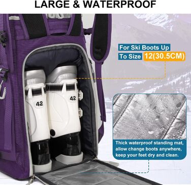 Чохол для лижних черевиків з відділенням для шолома, 65L рюкзак для лиж, водонепроникний мішок для лиж, сумка для лижних черевиків, ковзанів, лижних окулярів, сноуборду, лижних рукавиць (Ліловий)