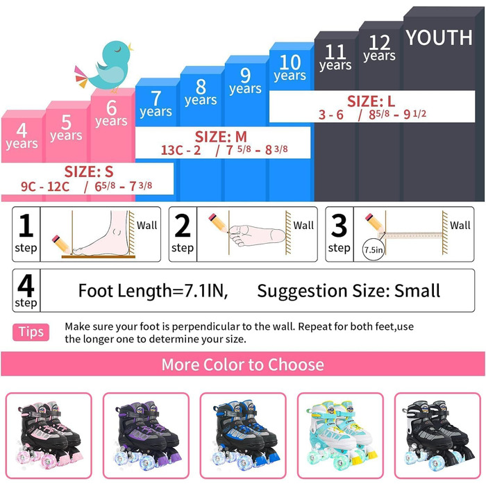 Роликові ковзани для дітей Nattork, 4 розміри, регульовані, світлові ролики, для дому та вулиці, EU 35-38, рожеві