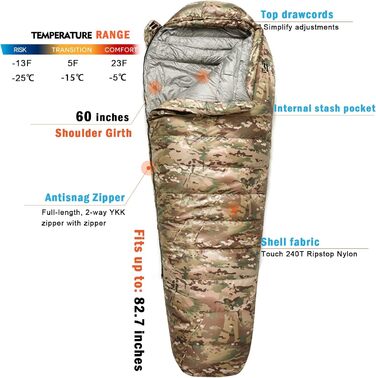Спальний мішок AKmax Winter Multicam для дорослих та військових, екстремальний (-13°C) пуховий, 4 сезони, ультралегкий для кемпінгу та туризму