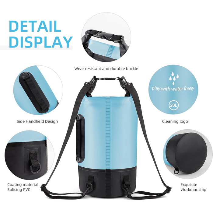 Водонепроникний сухий мішок GES 20 л Roll-Top з кишенею для телефону - для каякінгу, сплаву, кемпінгу та риболовлі (Світло-блакитний)