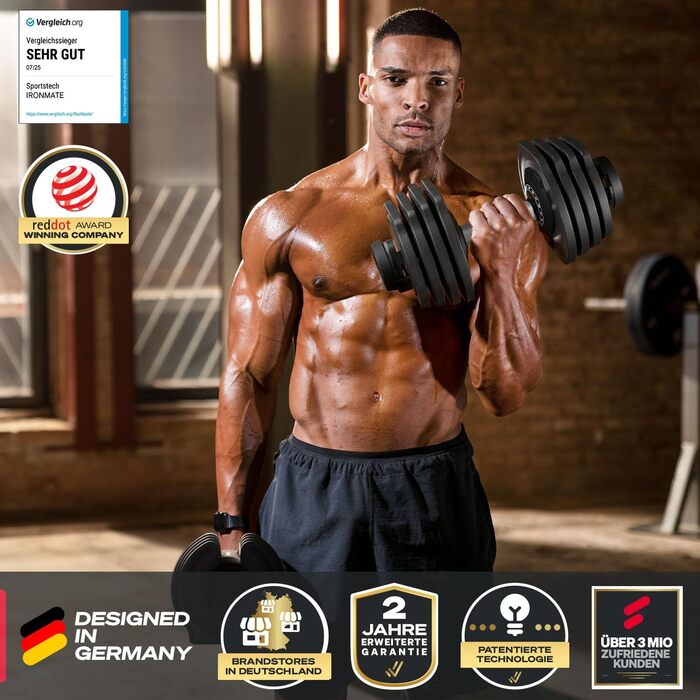 Ironmate Регульовані гантелі для дому, 1.5-18/24/40 кг, з набором дисків, 12-16 ваг, компактні, з неслизьким грифом, для силових тренувань, з підставкою (Ironmate 40 чорні)