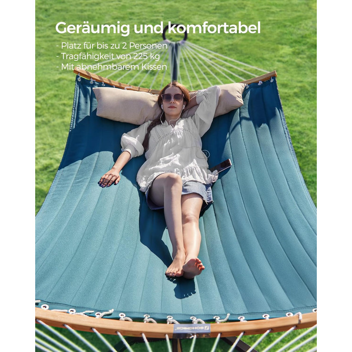Гамак SONGMICS для 2 осіб з подушкою, сірий-бежевий, 200 x 140 см, до 225 кг, з роздільними бамбуковими стійками