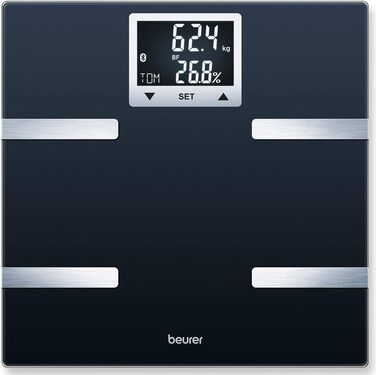 Діагностичні ваги Beurer BF 720 з Bluetooth, визначення ваги, жиру, м’язової маси та калорій, чорні, LCD-дисплей, плоский дизайн