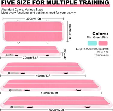 Гімнастичний надувний мат (килимок) 2м/3м/4м/5м/6м, 10см, для фітнесу, йоги, танців, рожевий, з насосом, для дому