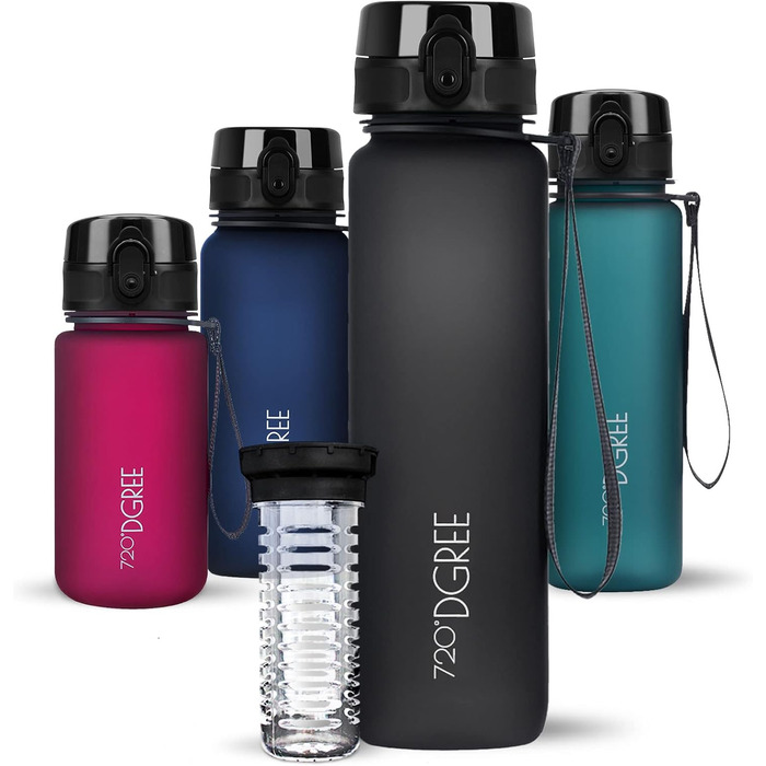 Спортивна пляшка для води 1л 720°DGREE 'uberBottle' з контейнером для фруктів - Tritan, BPA-Free, Softtouch, для спорту, фітнесу, велосипеду, універу, активного відпочинку. Чорний колір, 1000 мл