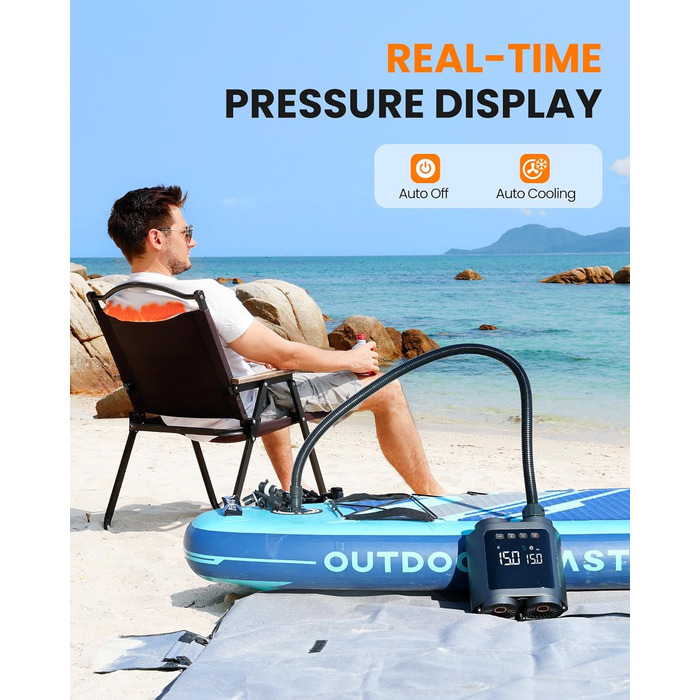 Електричний насос для SUP дошки OutdoorMaster Vortex: 20 PSI, 12V/15.8V, 8 насадок, для надування та здування, з автоматичним вимкненням та охолодженням