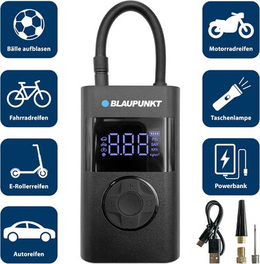 Портативний акумуляторний компресор Blaupunkt TPM 124 для накачування шин авто, велосипедів, мотоциклів і м'ячів, з функціями павербанку та ліхтарика, чорний